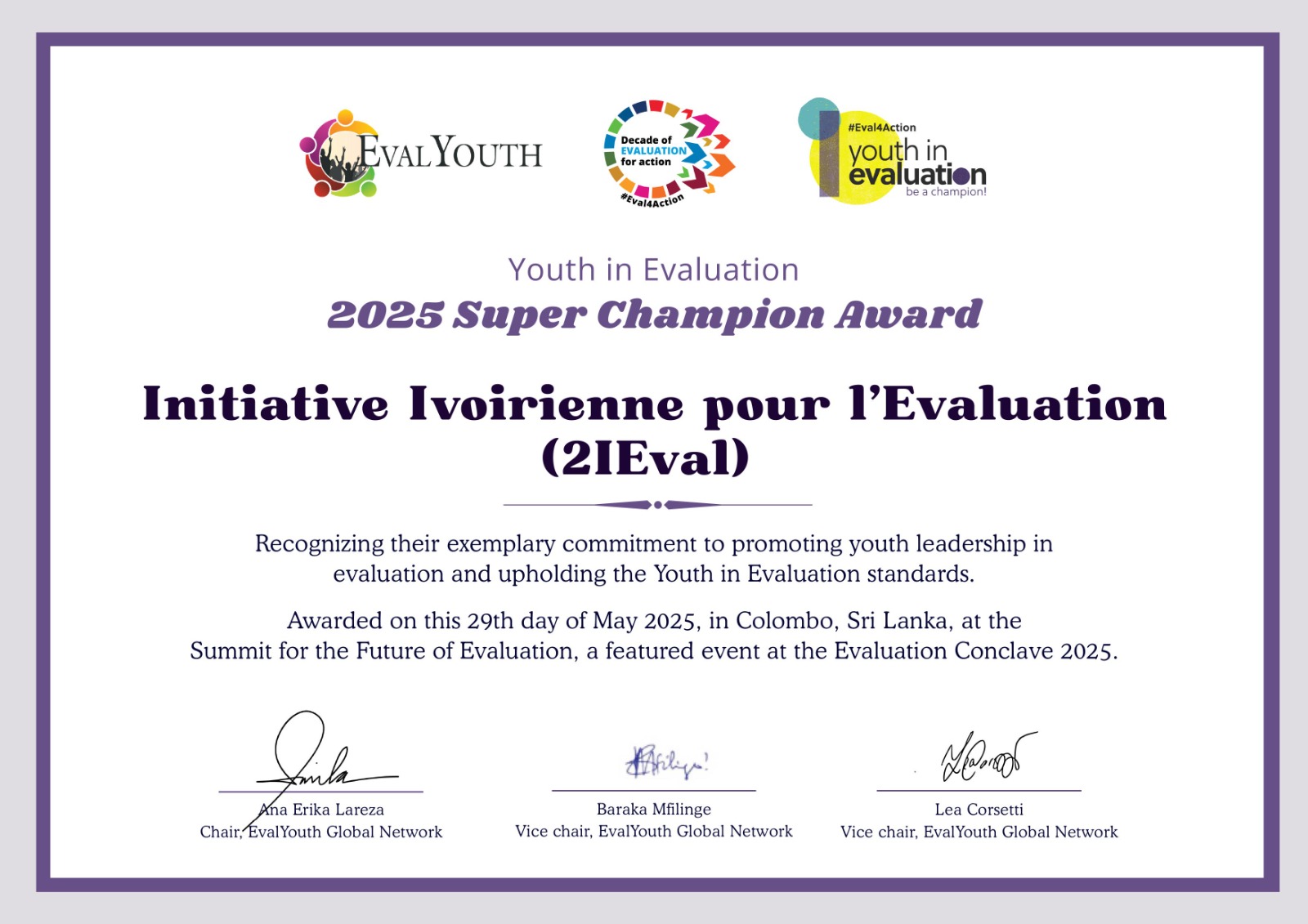 Leadership des Jeunes en Evaluation / 2IEval lauréat du Prix international "Youth in Evaluation Super Champion" 2025
